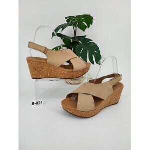 Clarks Women's Artisan Beige Slingback Cork Platform Wedge Sandals Size 8W US
